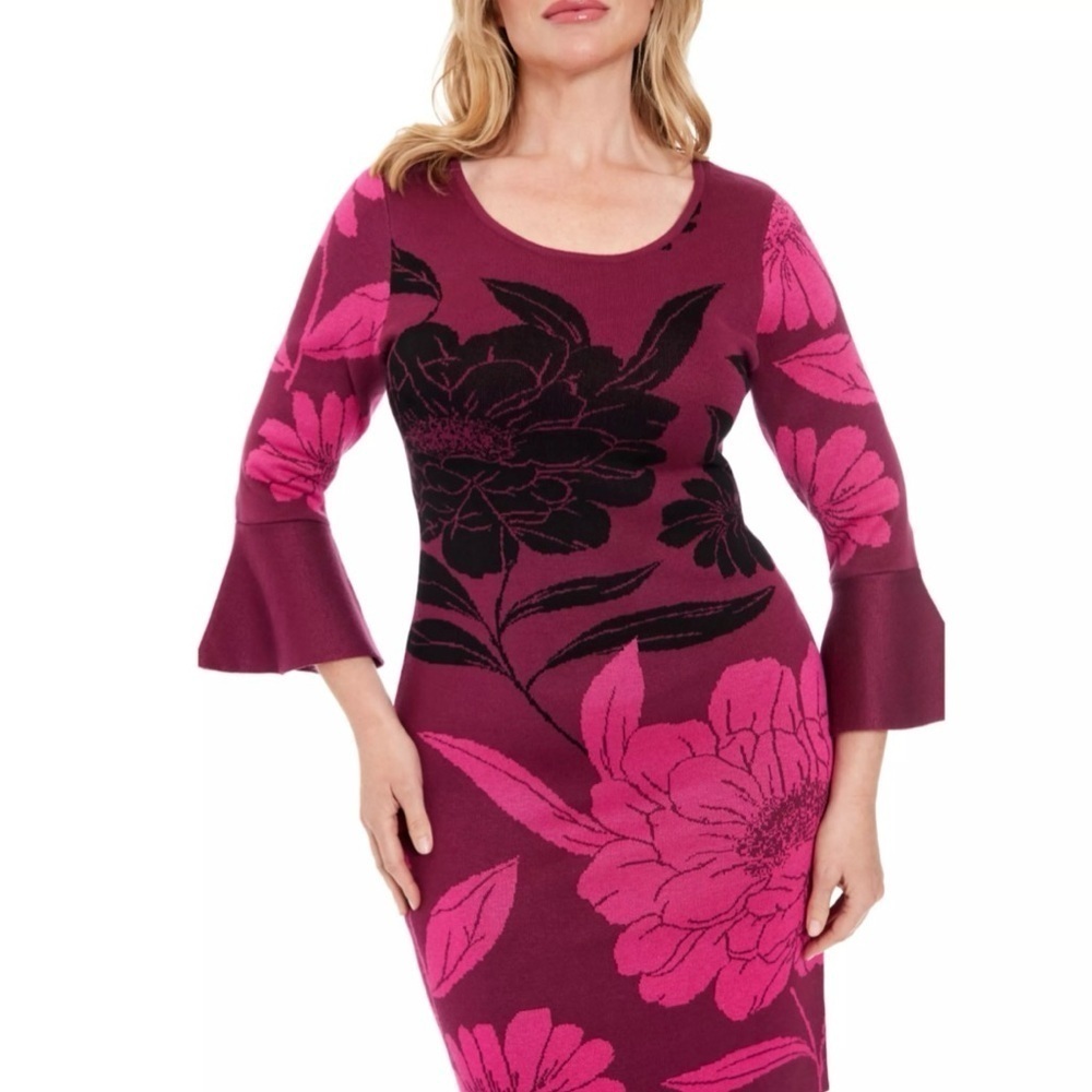 London Times NWT Women's Bell Sleeve Floral Print Sheath Sweater Dress Size XL
